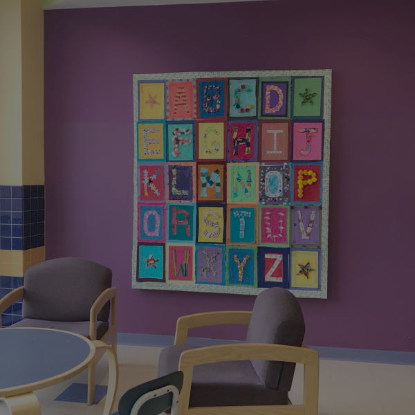 Alphabet Quilt hanging in school lobby