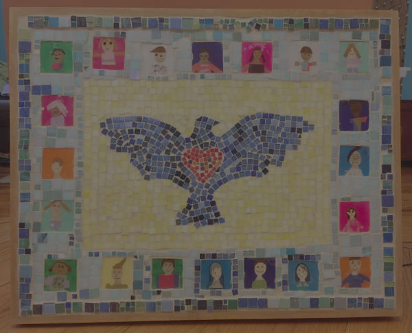 Eagle mosaic with children mosaics around it